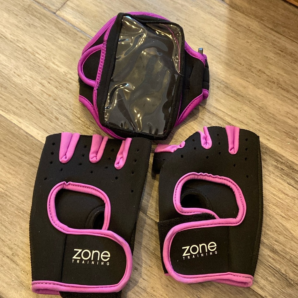 Zone fitness lifting training gloves (L) and armband holder/strap for phone